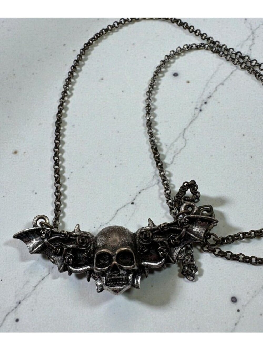 Skull Bat Gothic Necklace Silver Tone Chain Halloween Distressed Worn Statement